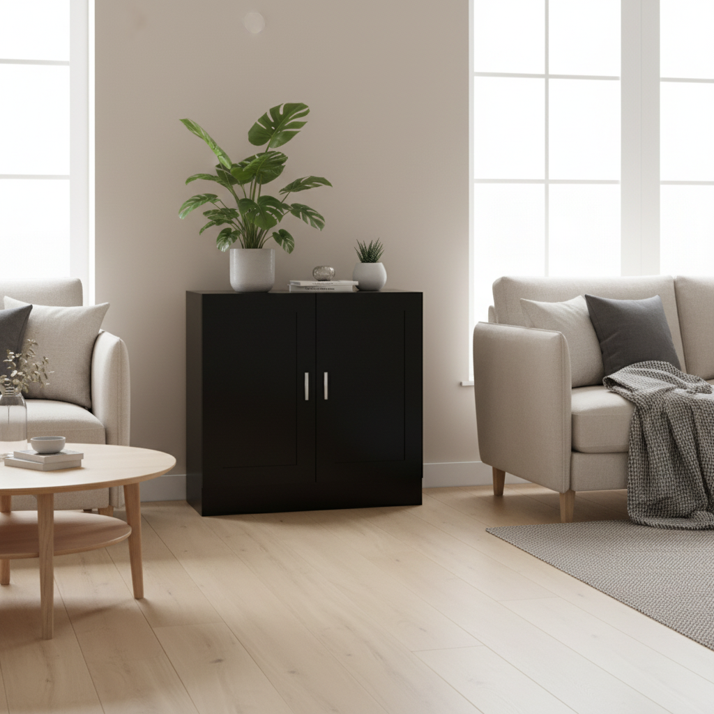 Zwarte lage kast 80cm in Scandinavische woonkamer