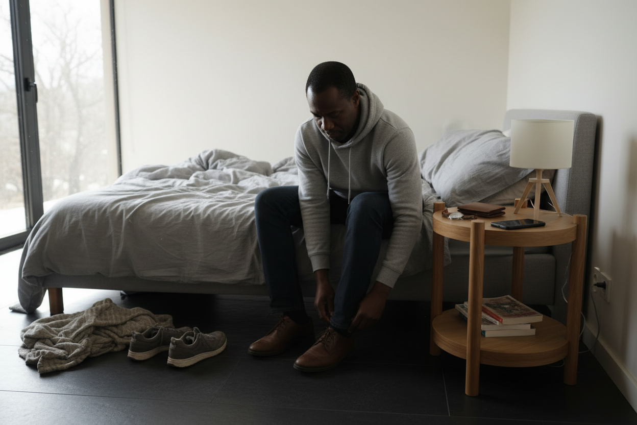 Zwarte man in slaapkamer trekt schoenen aan 12:33