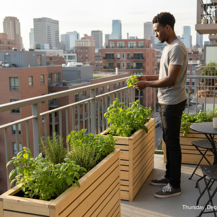 Zwarte man kweekt kruiden op balkon 13:03