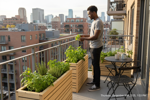 Zwarte man kweekt kruiden op balkon 13:03