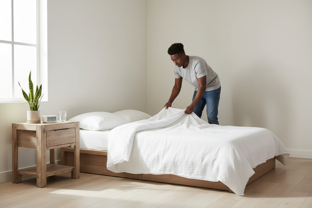 Zwarte man ruimt slaapkamer op 12:00