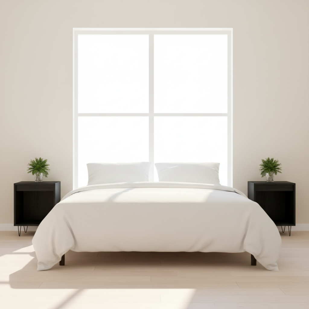 Zwarte nachtkastjes in lichte, heldere slaapkamer