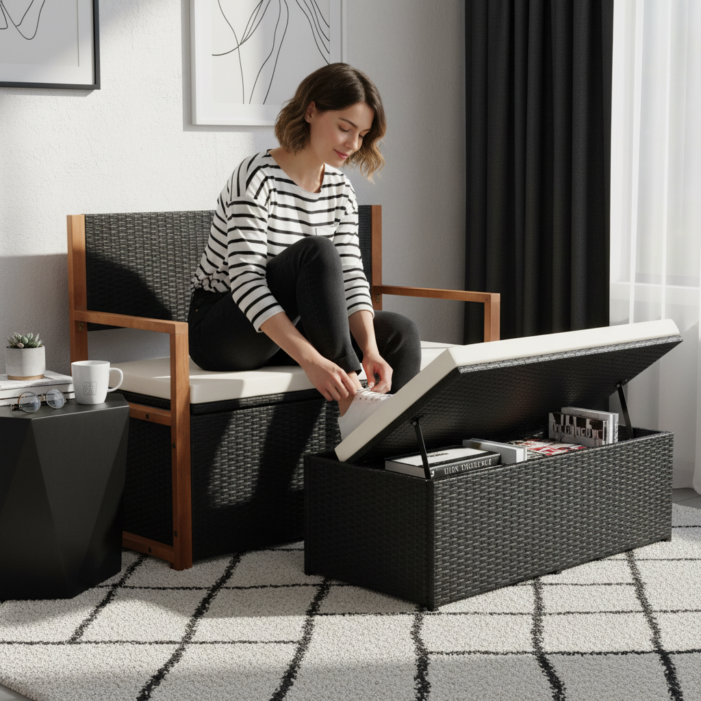 Zwarte opbergbank in woonkamer