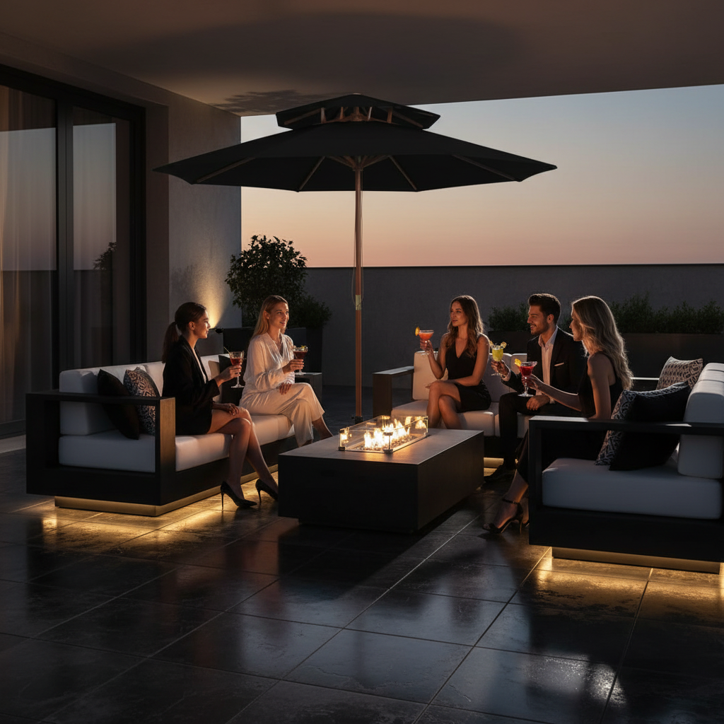 Zwarte parasol in luxe lounge