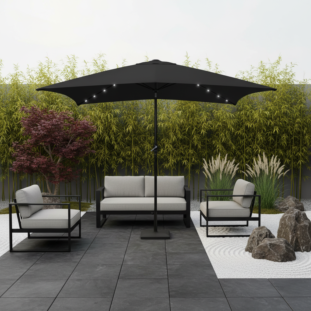 Zwarte parasol in zen tuin