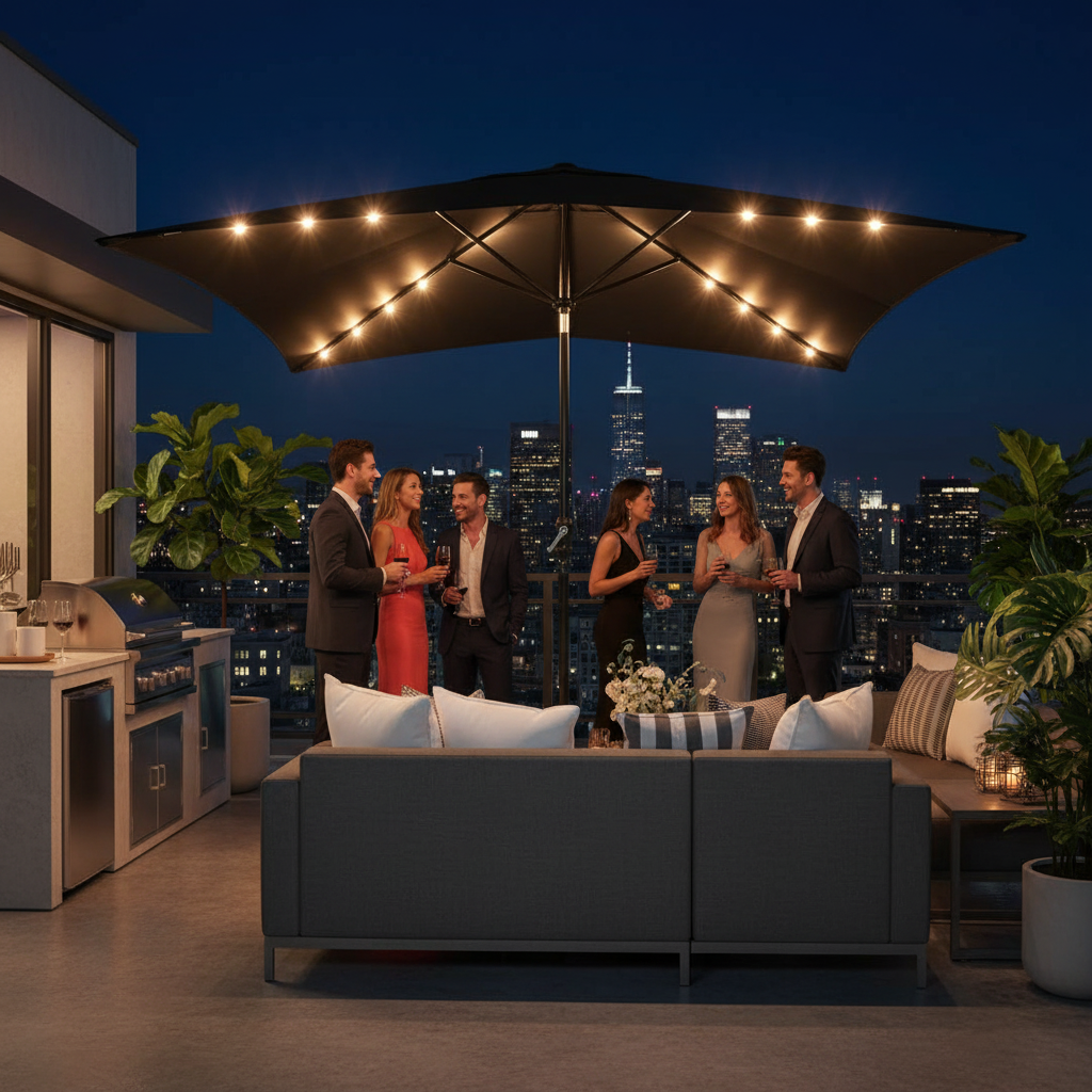 Zwarte parasol op penthouse terras