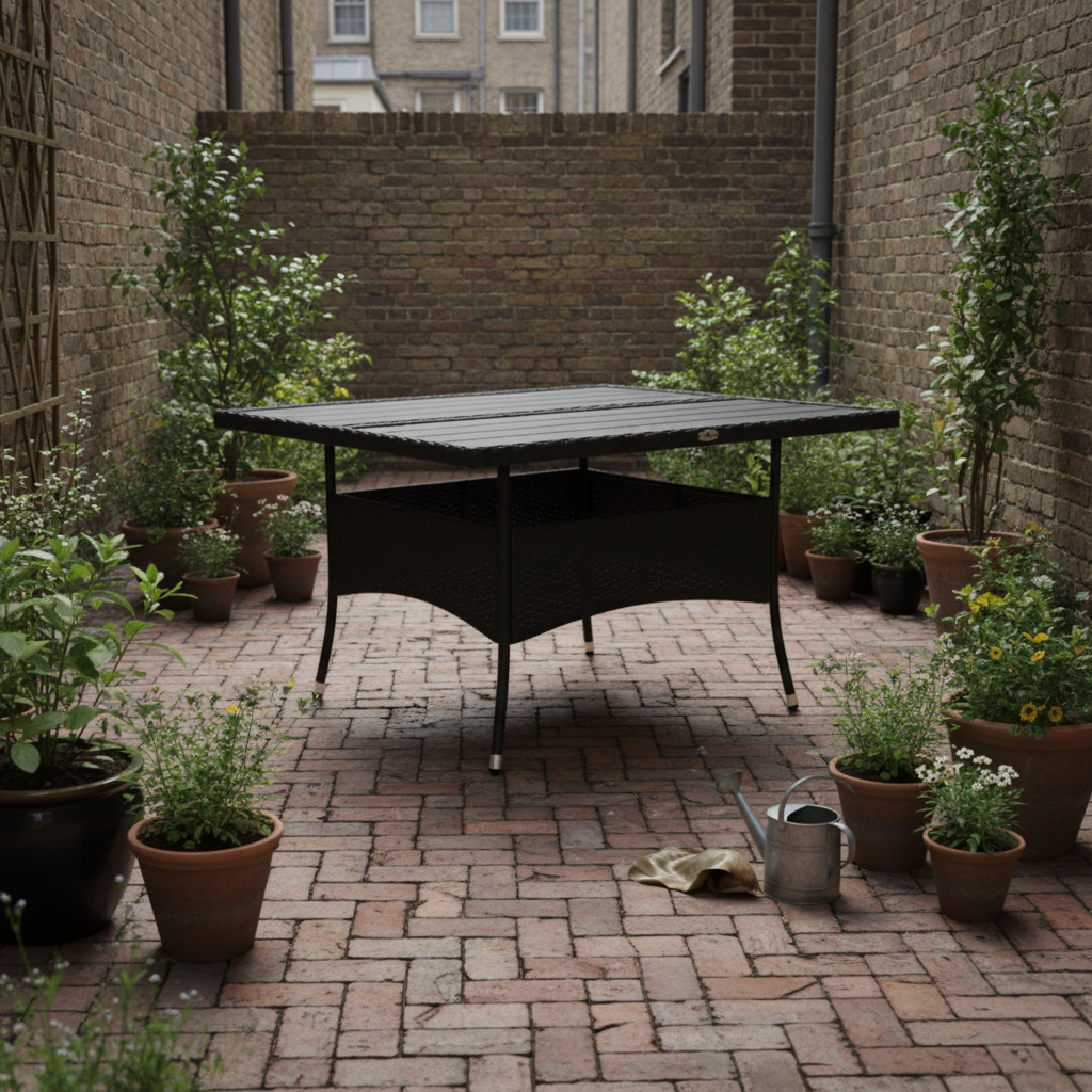 Zwarte rotan tafel mat hout in stadstuin