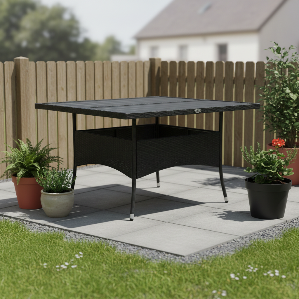 Zwarte rotan tafel mat hout op tegels