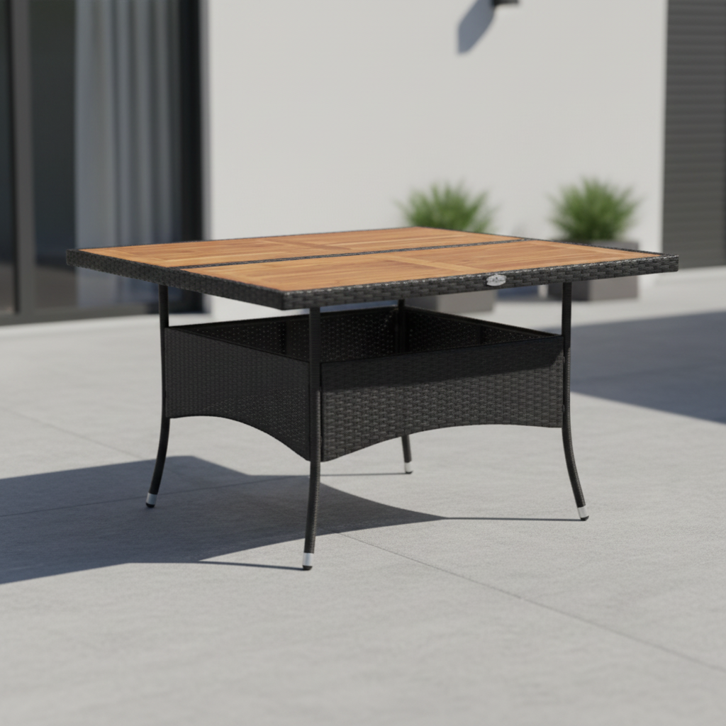 Zwarte rotan tafel op beton helder