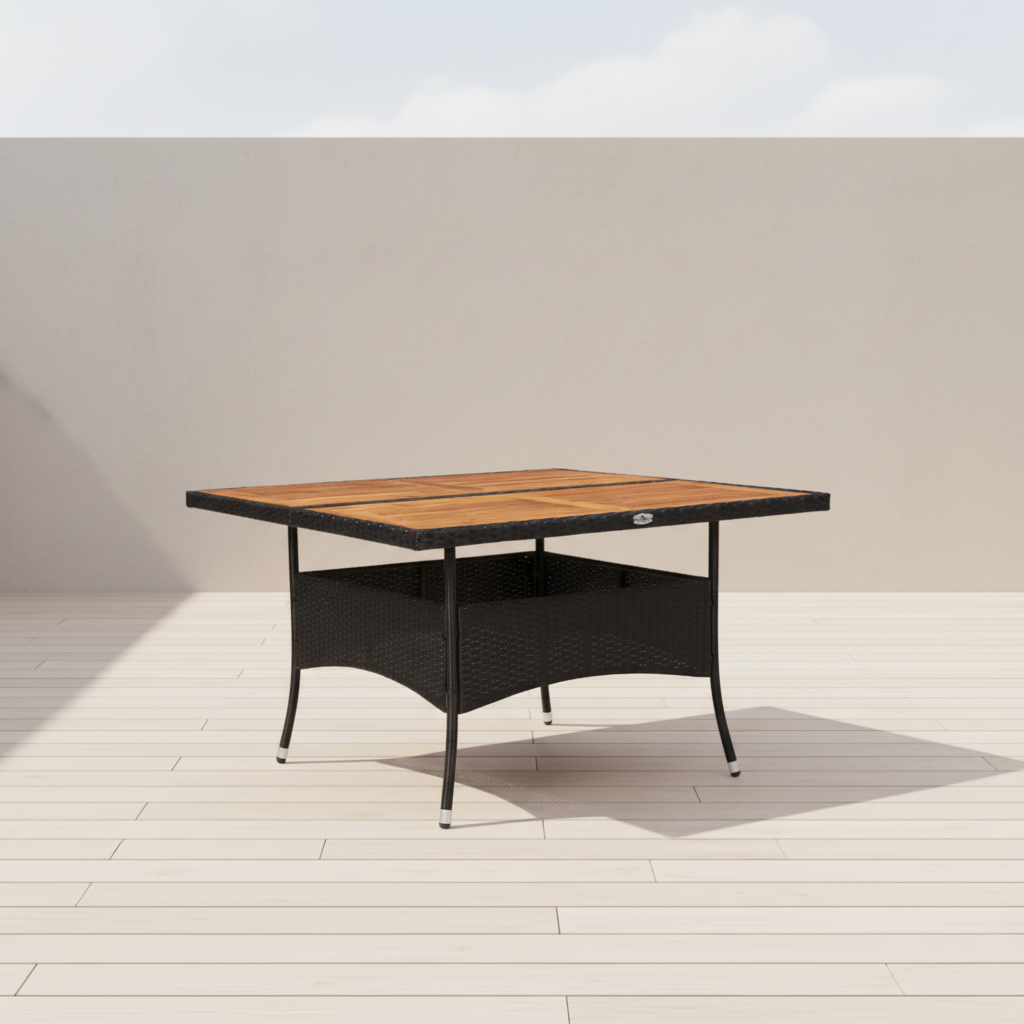 Zwarte rotan tafel op terras helder