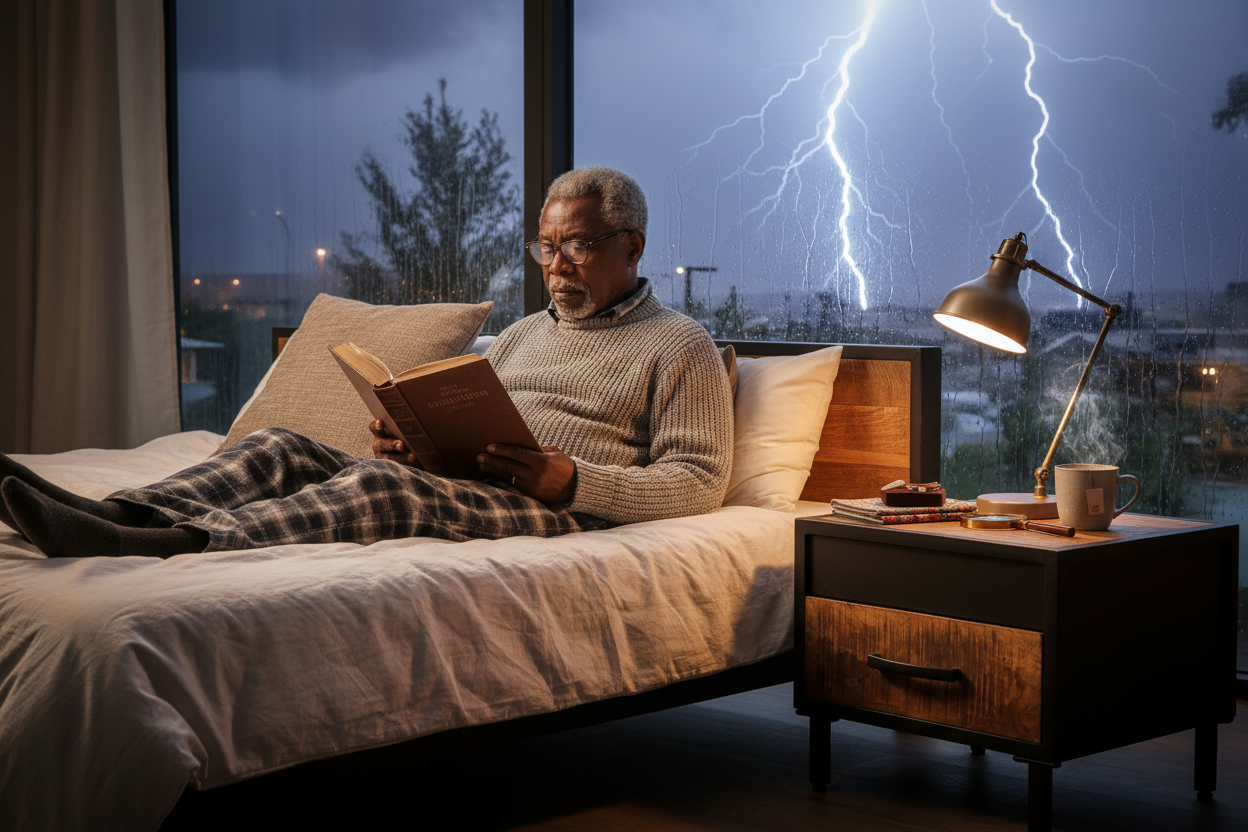 Zwarte senior leest tijdens onweer