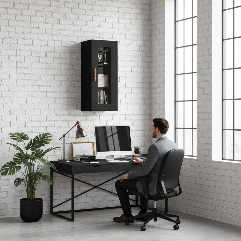 Zwarte vitrinekast in industrieel kantoor