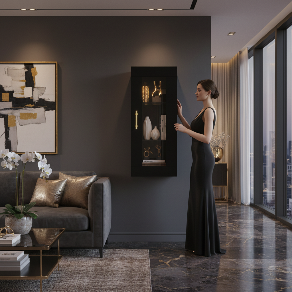 Zwarte vitrinekast in luxe interieur