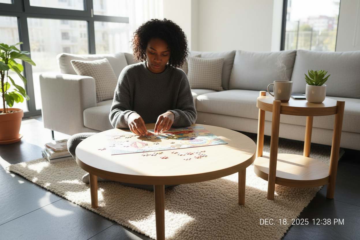 Zwarte vrouw doet puzzel op vloer 12:38