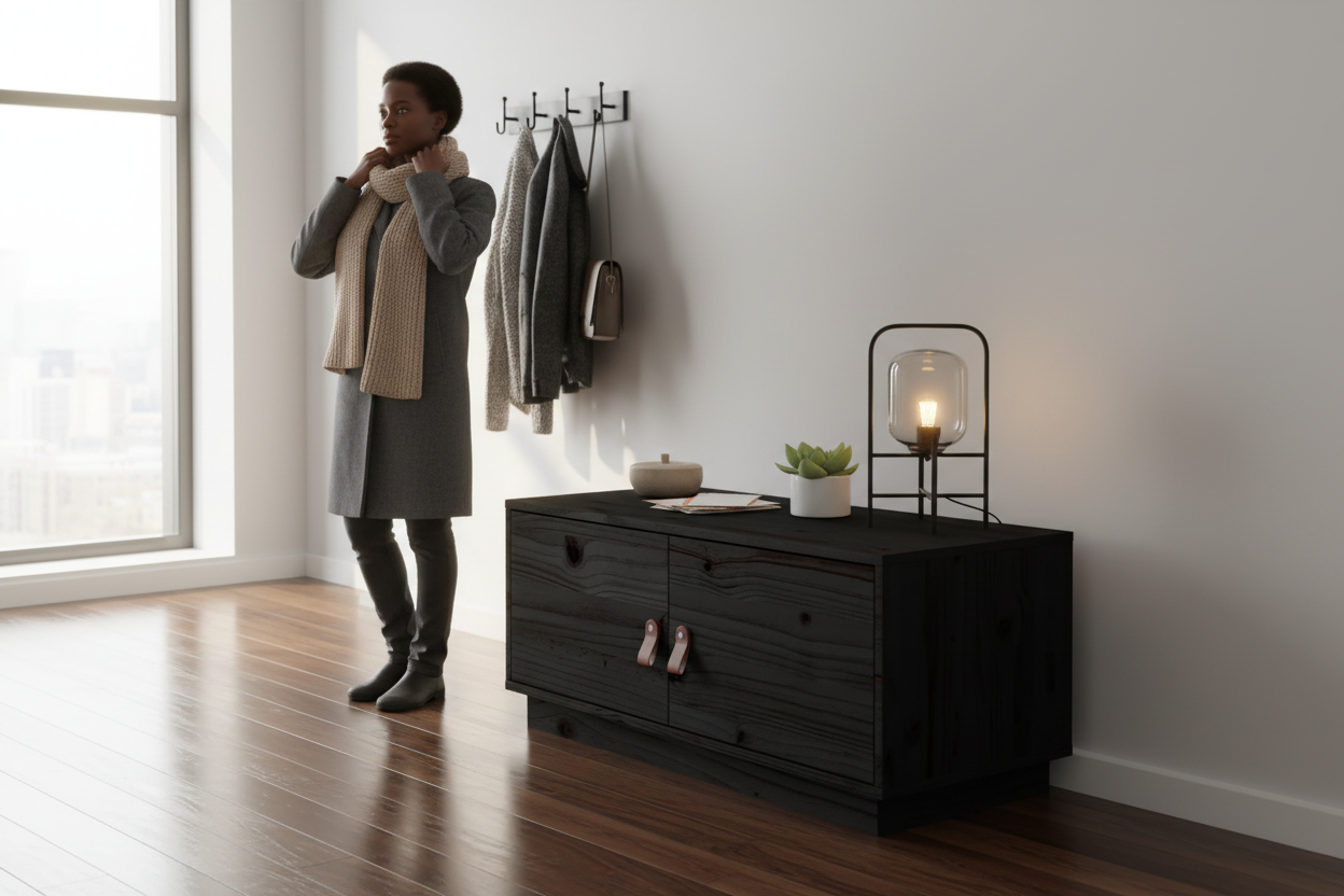 Zwarte vrouw in hal bij zwarte houten tafel