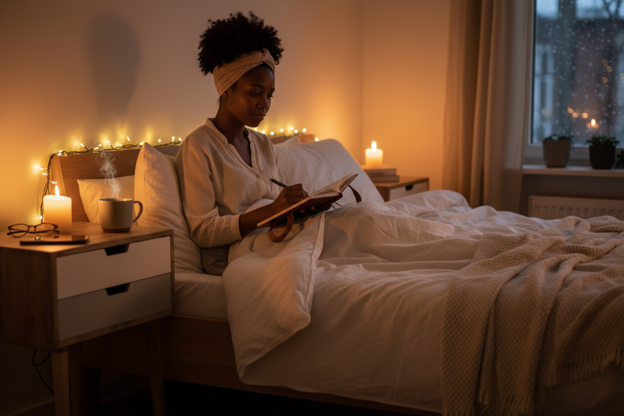 Zwarte vrouw journalt 's avonds