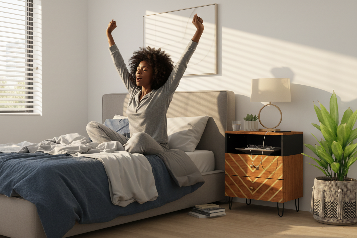 Zwarte vrouw ontwaakt 's ochtends