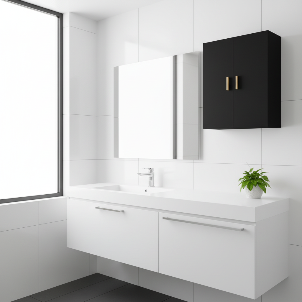 Zwarte wandkast met gouden handgrepen in minimalistische badkamer