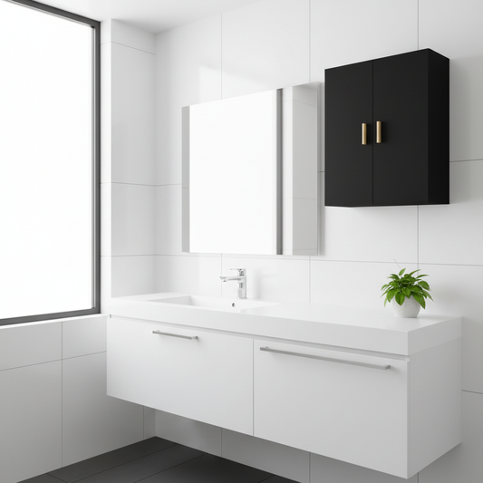 Zwarte wandkast met gouden handgrepen in minimalistische badkamer