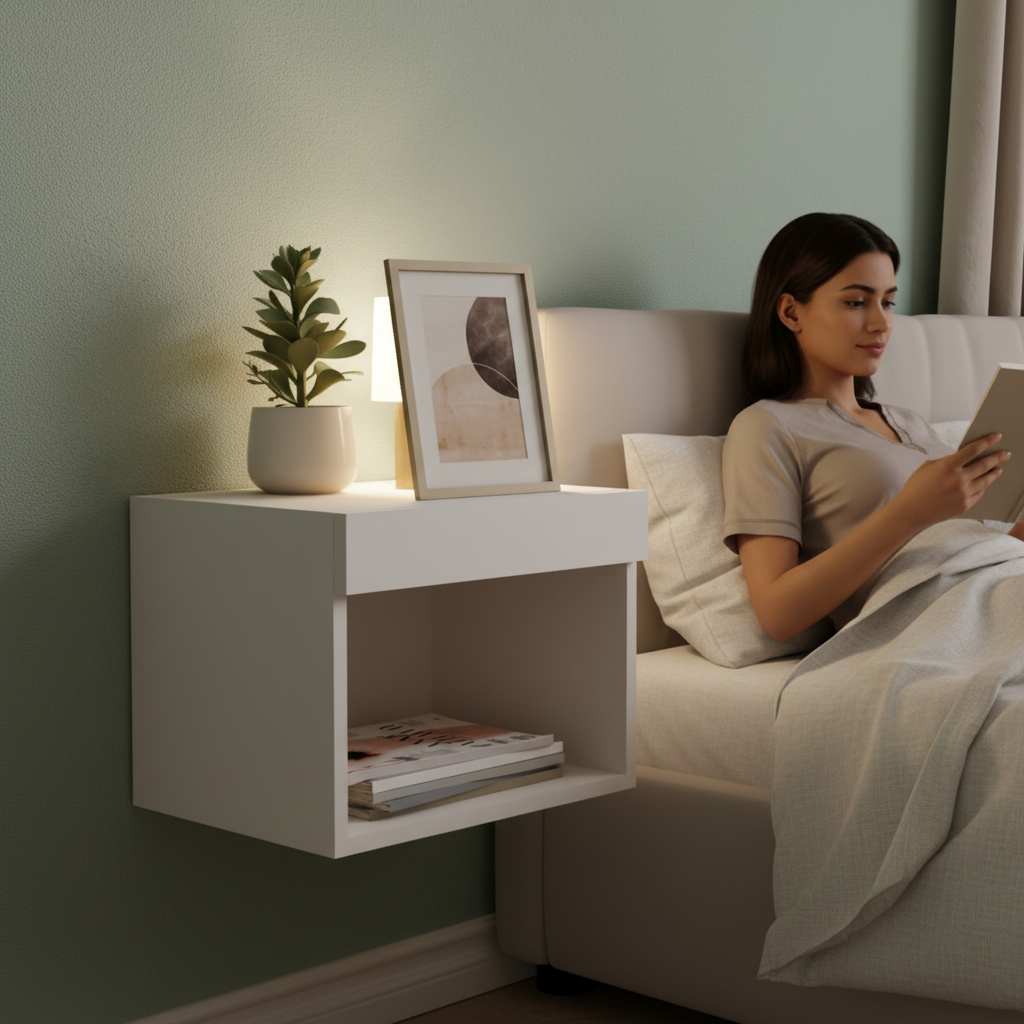 Zwevend nachtkastje met persoon